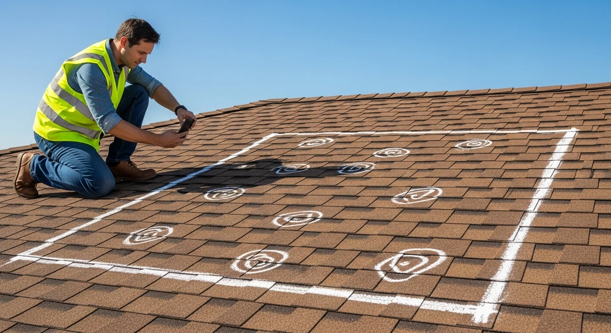 An insurance adjuster in a hi-vis safety vest kneeling on a brown asphalt shingle roof under a blue sky, photographing with a phone a large closed square chalked onto the shingles in front of him, with individual impact marks chalk-circled inside it.