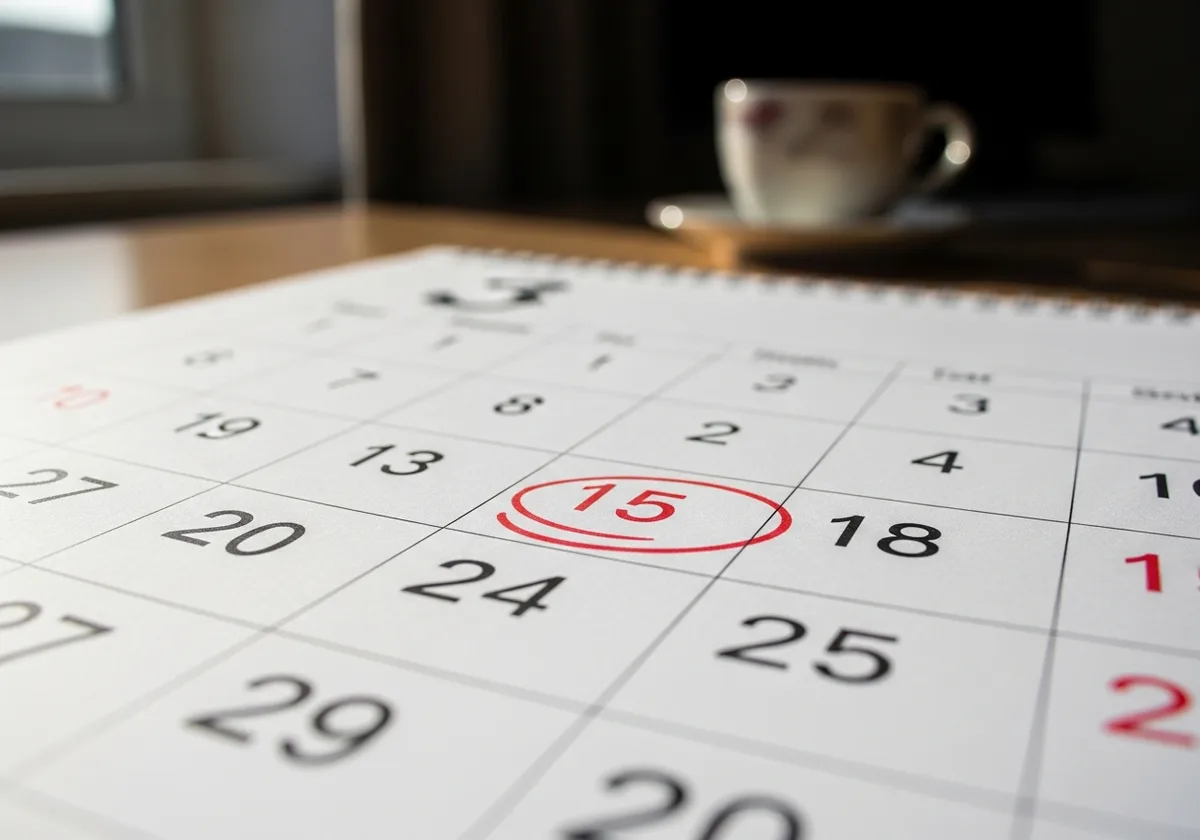 Close-up of a paper wall calendar with the date 15 circled in red pen, a coffee cup blurred in the background.