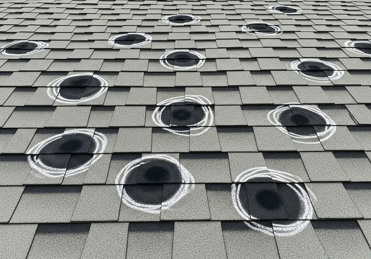 A grey asphalt shingle roof slope photographed from a low angle, with a dozen dark circular hail bruises scattered across it, each one ringed in rough white chalk so the dark mark sits in the middle of the circle.