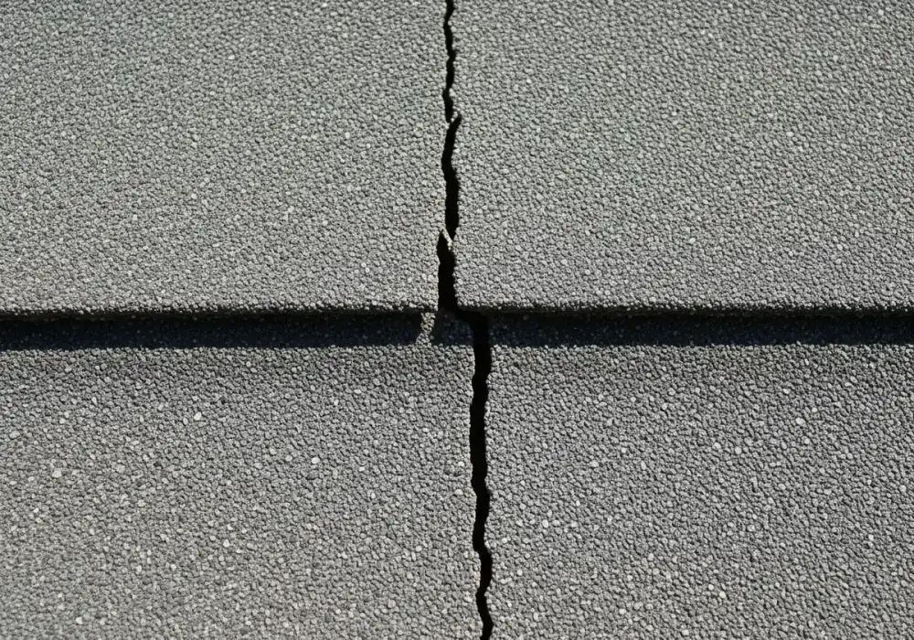 Close-up of two courses of grey asphalt shingles with a single straight crack splitting through them, leaving a visible gap.
