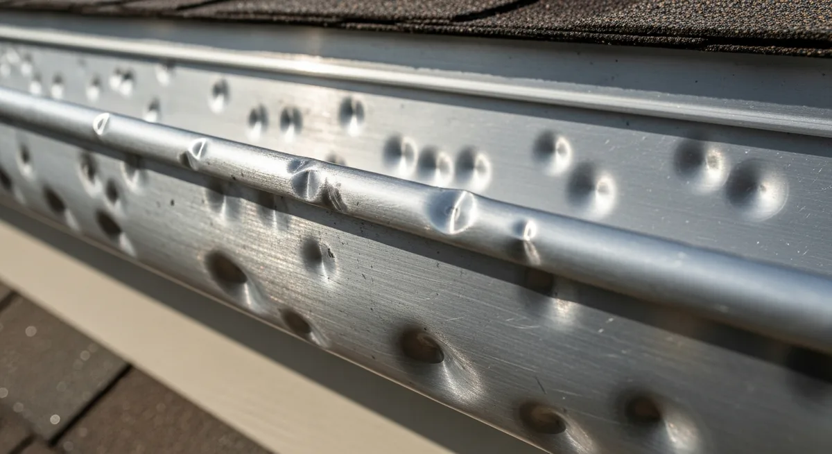 Close-up of an aluminum drip edge running along a roof eave over the fascia, its flat face dimpled with dozens of round hail impact marks.