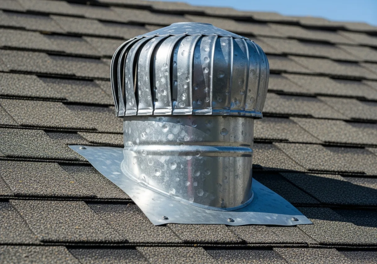 Close-up of a metal turbine roof vent with visible round dents across its surface, its base flashing and seams still intact and sealed to the shingles.