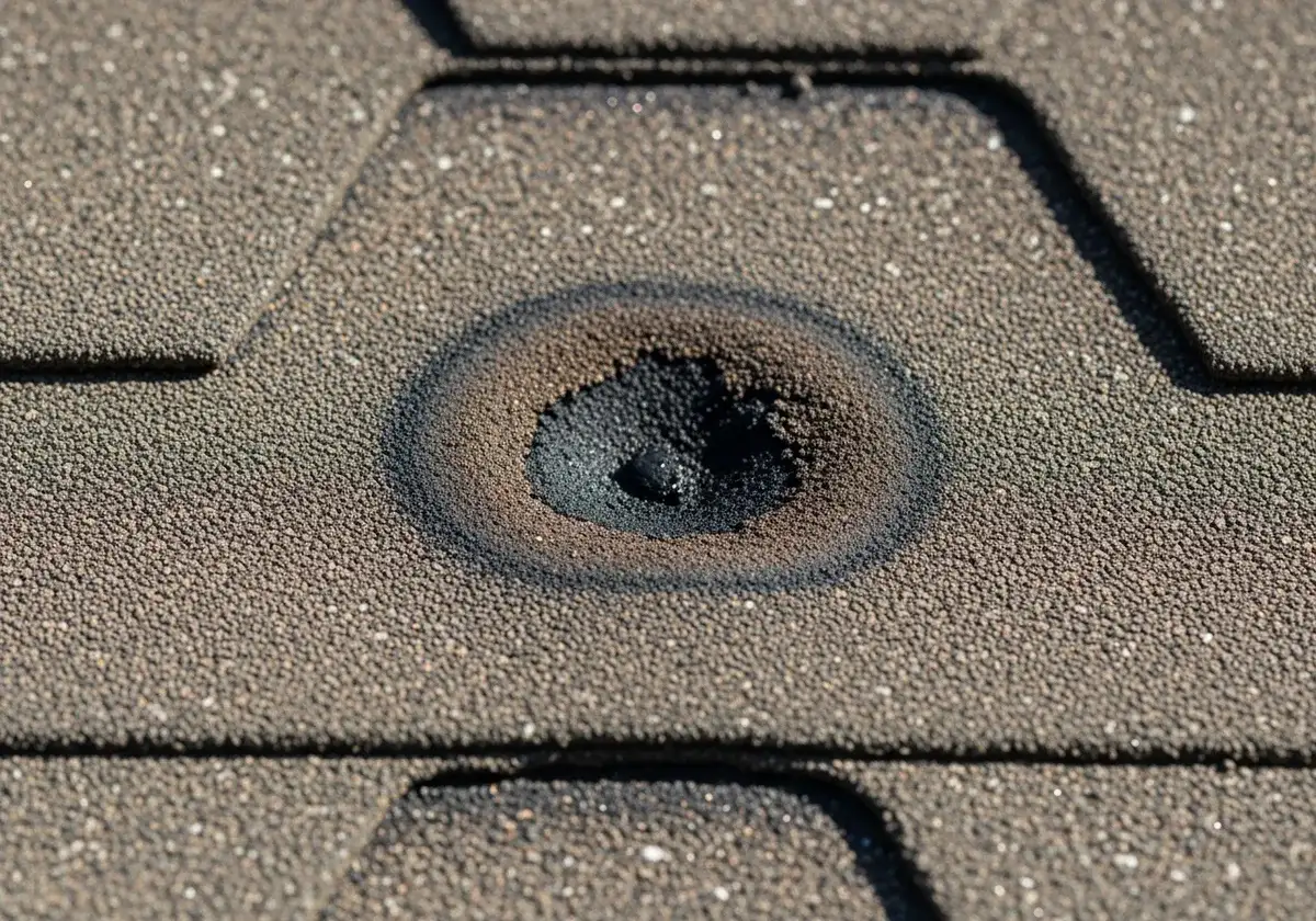 Extreme close-up of a single asphalt shingle with a dark circular hail bruise where the granules have been knocked away, exposing the black asphalt mat beneath in a shallow depression.