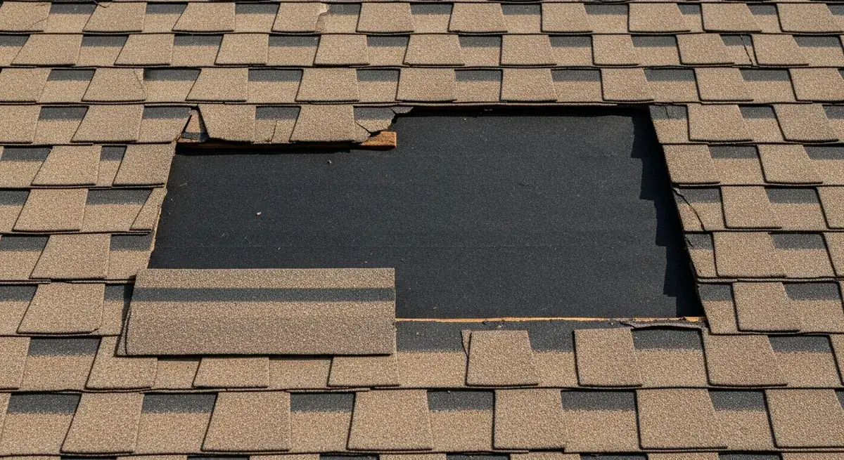 A residential asphalt shingle roof with a patch roughly three feet square stripped bare, exposing the black underlayment beneath. Eight to ten shingles are gone, the shingles bordering the patch have ragged torn edges, and one loose shingle fragment lies inside the opening.