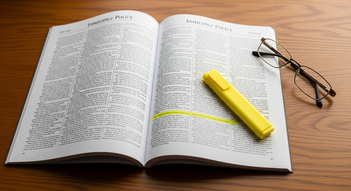 Overhead desk photo of an open insurance policy booklet on a wooden desk, its pages filled with dense fine print too small to read, one line marked with a yellow highlighter that lies across the page beside a pair of reading glasses.