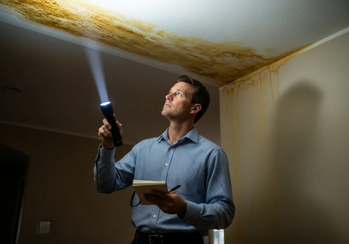 An insurance adjuster in business casual clothing standing inside a home, shining a flashlight up at a water-stained ceiling corner and examining it closely while holding a notepad.