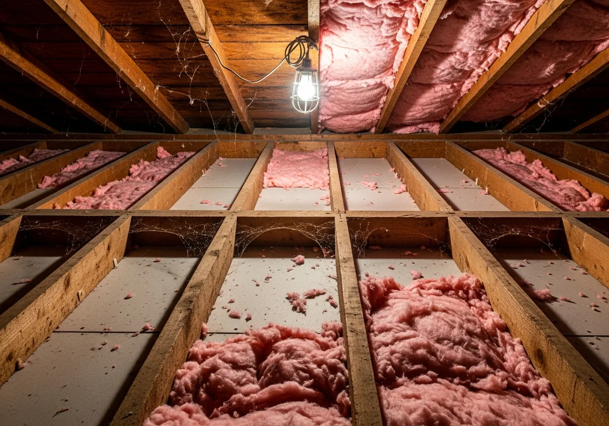 Photo inside a residential attic looking down at ceiling joist bays, where some bays are filled with pink fiberglass batt insulation and others nearby are thin, uneven, or nearly bare, with a bare work light hanging from the rafters overhead.