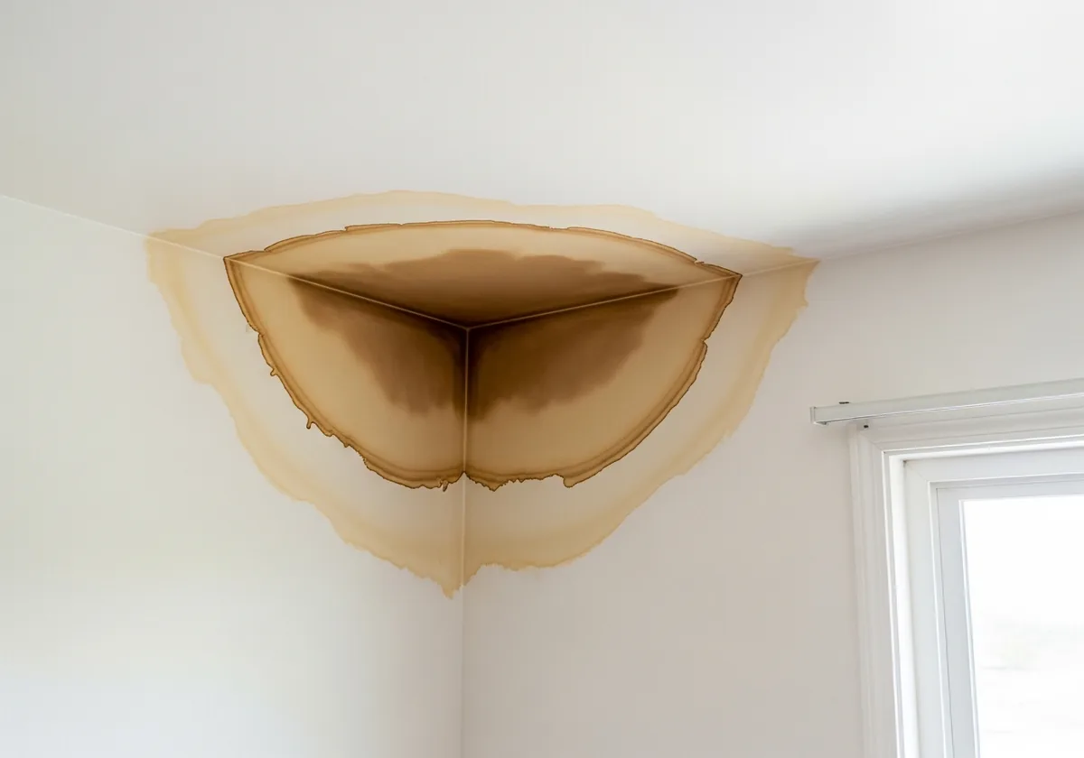 Brownish-yellow water stain spreading across a white painted drywall ceiling and down both walls at the corner of a residential room, with soft blurred edges and darker concentric tide lines marking where the water repeatedly soaked outward and dried.