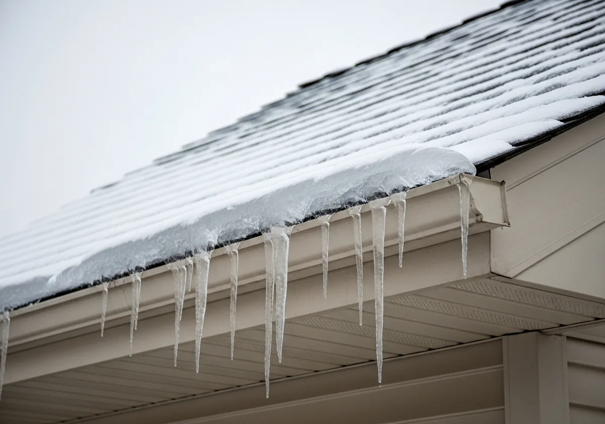 Close-up exterior photo of a snow-covered roof eave with a thick ridge of ice built up along the gutter line and several large icicles hanging down from it.
