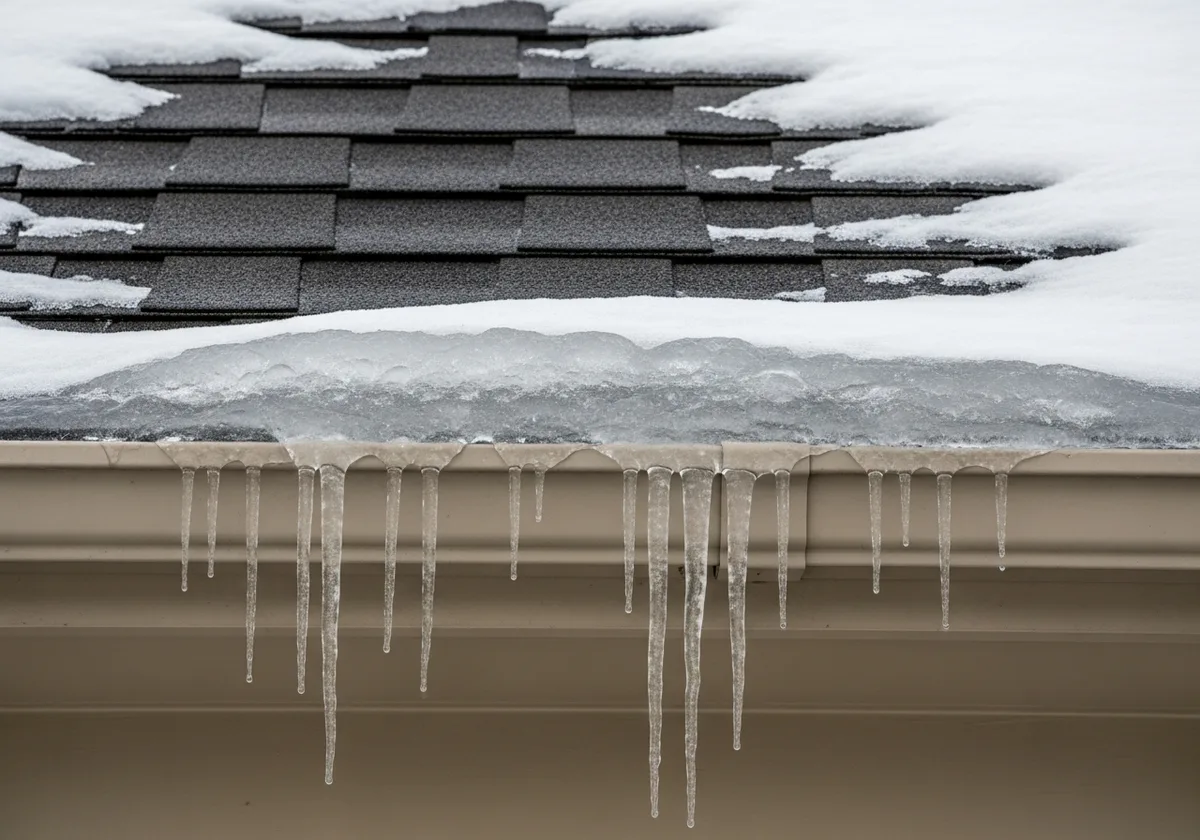 Close-up exterior photo of a residential aluminum gutter completely packed and overflowing with solid clear ice, with multiple icicles hanging from the gutter's lower edge below snow-covered asphalt shingles.