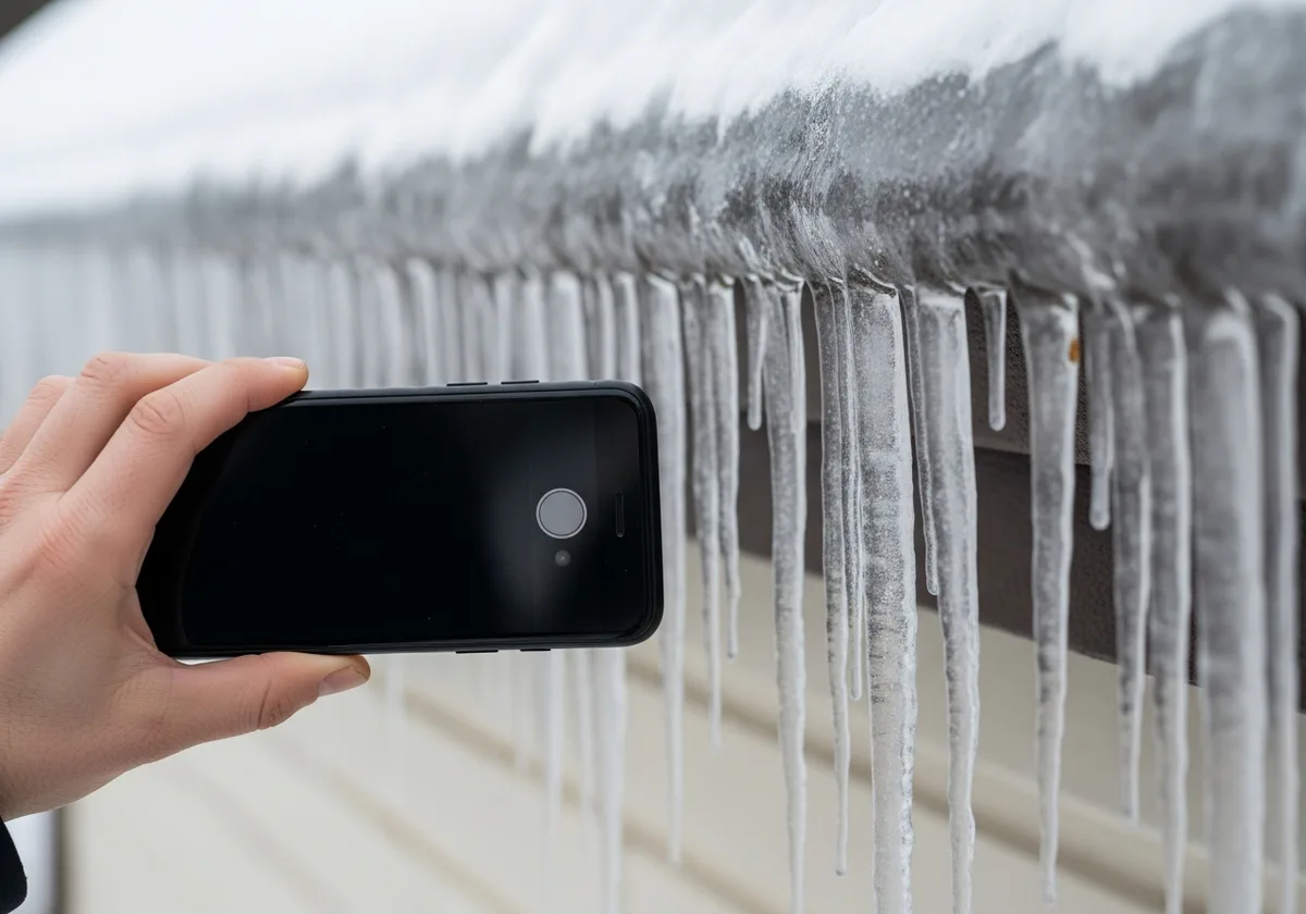 Close-up photo of a hand holding a smartphone, photographing an ice dam with hanging icicles along a snowy roof eave in the background.