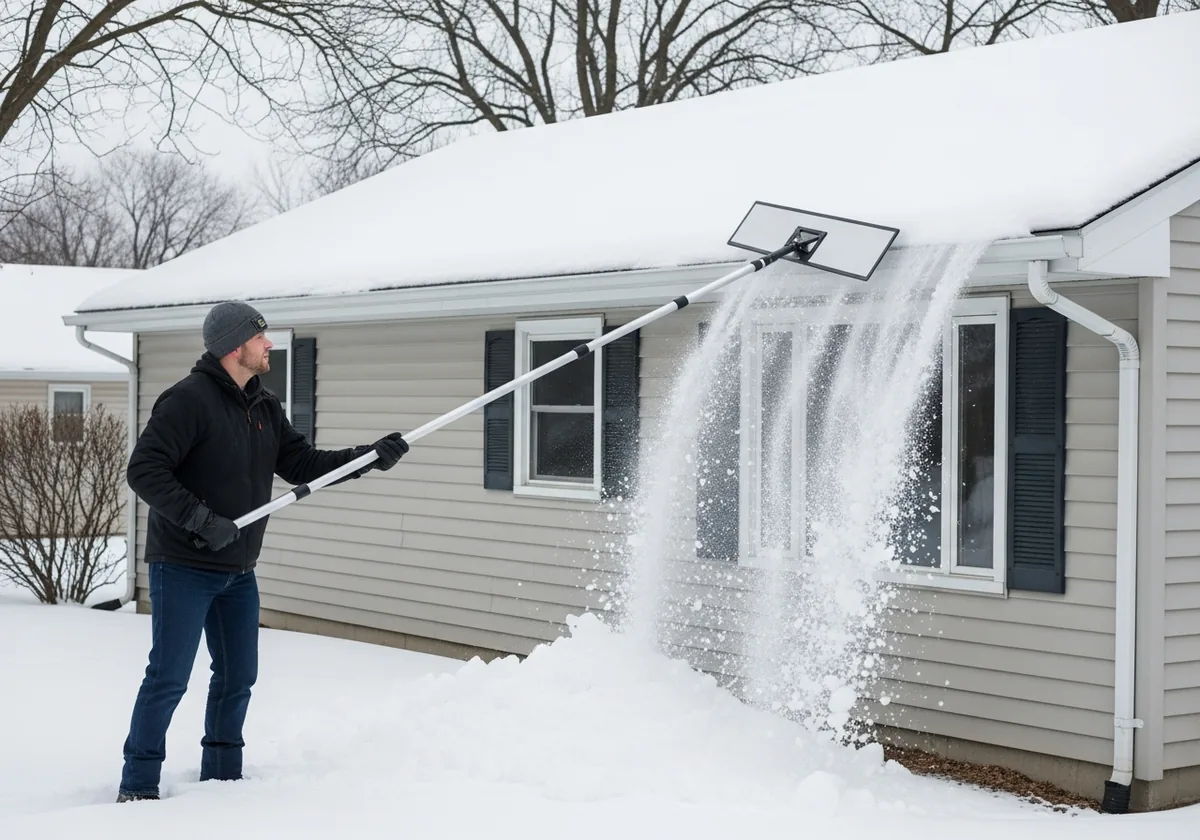 A person in winter clothing standing on the ground, using a long-handled aluminum roof rake to pull snow off the lower edge of a single-story house roof, with snow falling from the roof edge onto the ground below.
