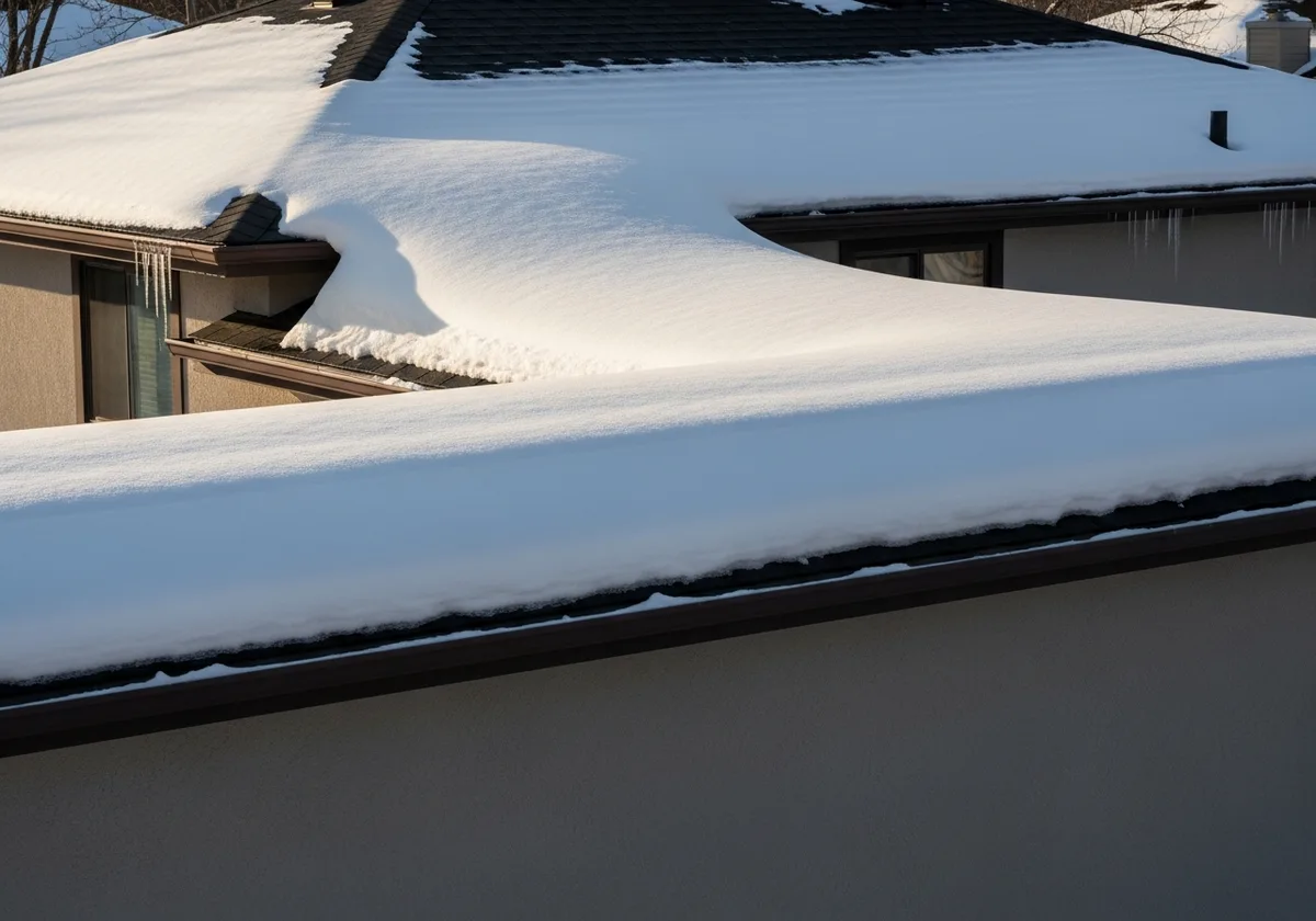 Exterior photo of a residential roof where snow has drifted noticeably deeper against a lower roof section below a taller wall, forming a thick rounded mound of snow there compared to the thinner, more even snow layer on the open slopes nearby.