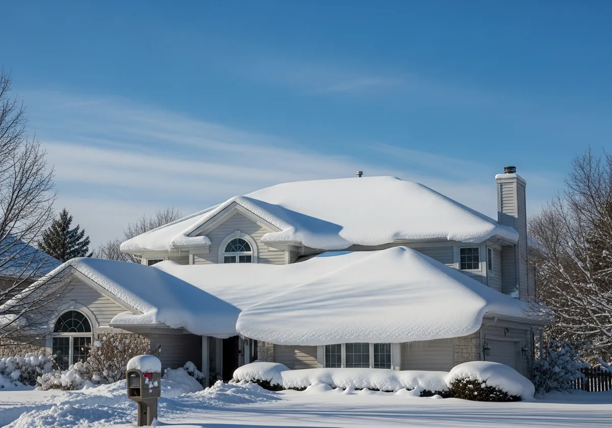 Exterior photo of a two-story suburban house roof under a deep, unbroken blanket of fresh white snow that has built up well past the gutter line, photographed from the street on a clear winter day.