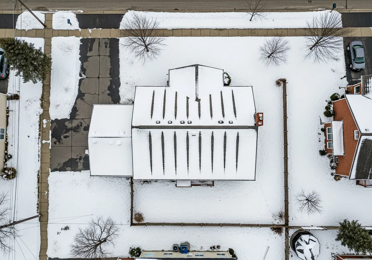 Aerial drone photo looking straight down at a snow-covered house roof in a residential neighborhood, with dark streaks running from the ridge toward the eaves where the snow has melted away in narrow lines, while the snow between the streaks stays white and intact.