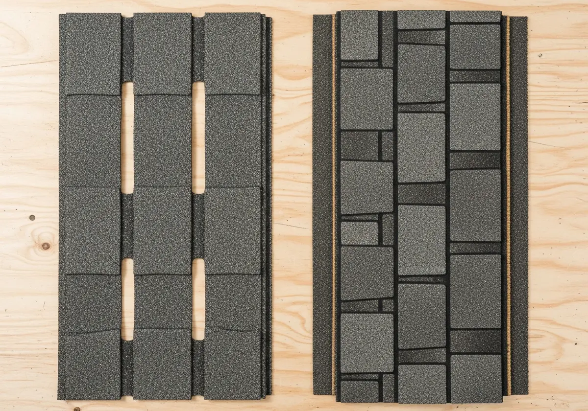 Overhead product photo of two asphalt shingle strips laid side by side on a light wood workbench: left, a classic three-tab shingle with three equal rectangular tabs split by two straight vertical slots cut up from the bottom edge; right, an architectural shingle with an irregular staggered brick-like pattern of rectangular tab shapes and no cutout slots at all.