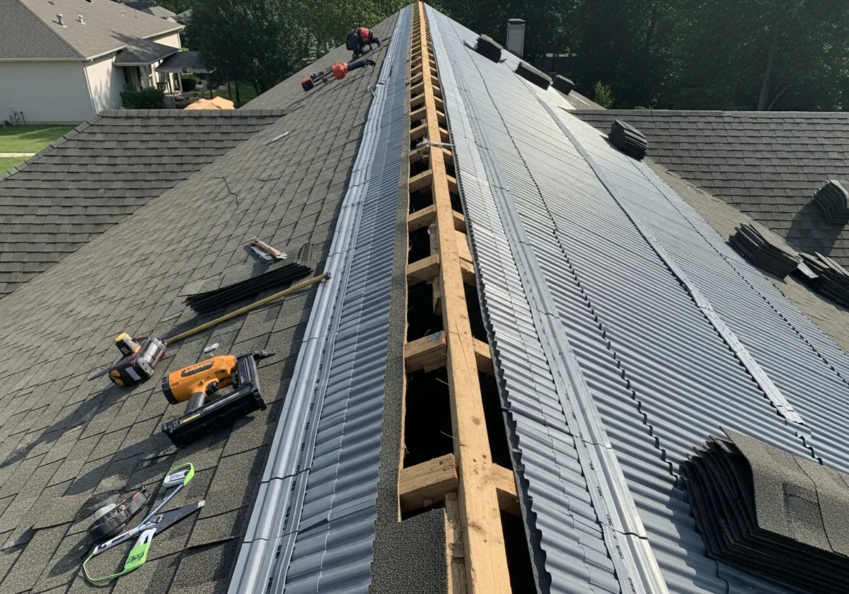 Aerial view along a roof ridge under construction: a continuous slot is cut open at the peak exposing bare rafters, with gray corrugated ridge-vent material laid over the slot on both sides, shingled roof surfaces and roofing tools (nail gun, tape measure) around it, and a roofer working further up the ridge; no cap shingles have been installed over the vent yet.