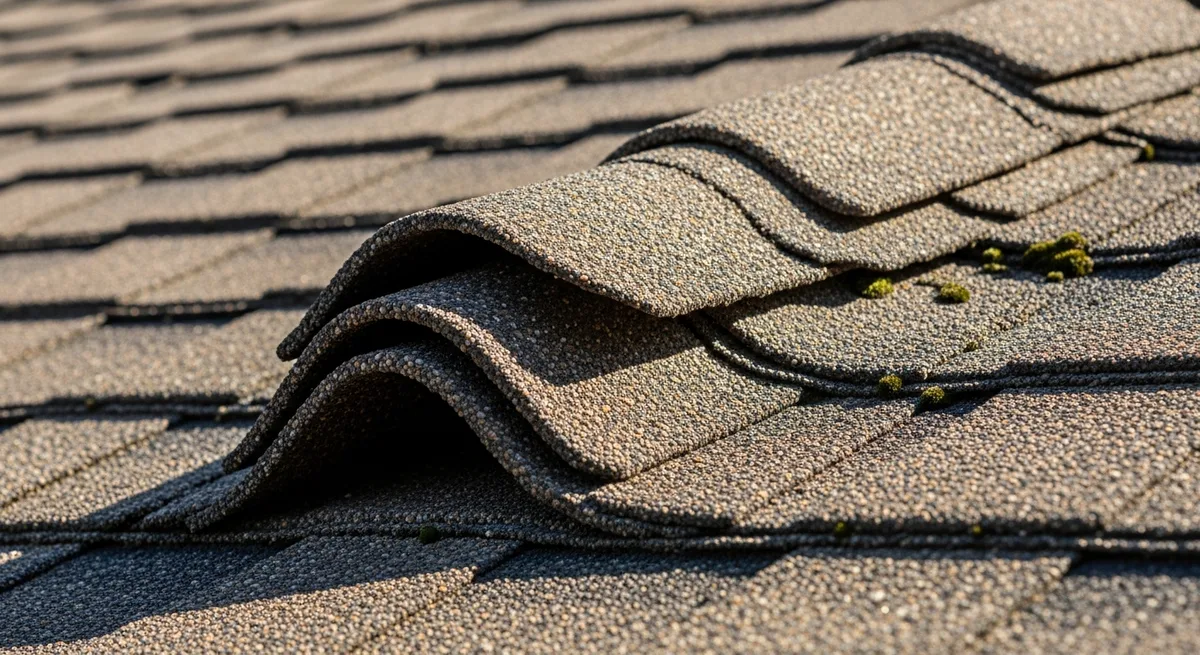 Close-up of asphalt shingles curling and lifting away from the roof deck, with granule loss and small patches of moss between courses.