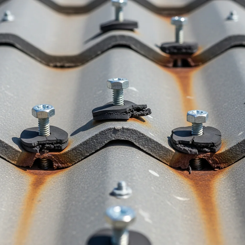 Close-up of an exposed-fastener corrugated metal roof panel with several backed-out screws, cracked and split rubber washers around the screw heads, and rust staining bleeding down from the fastener holes.