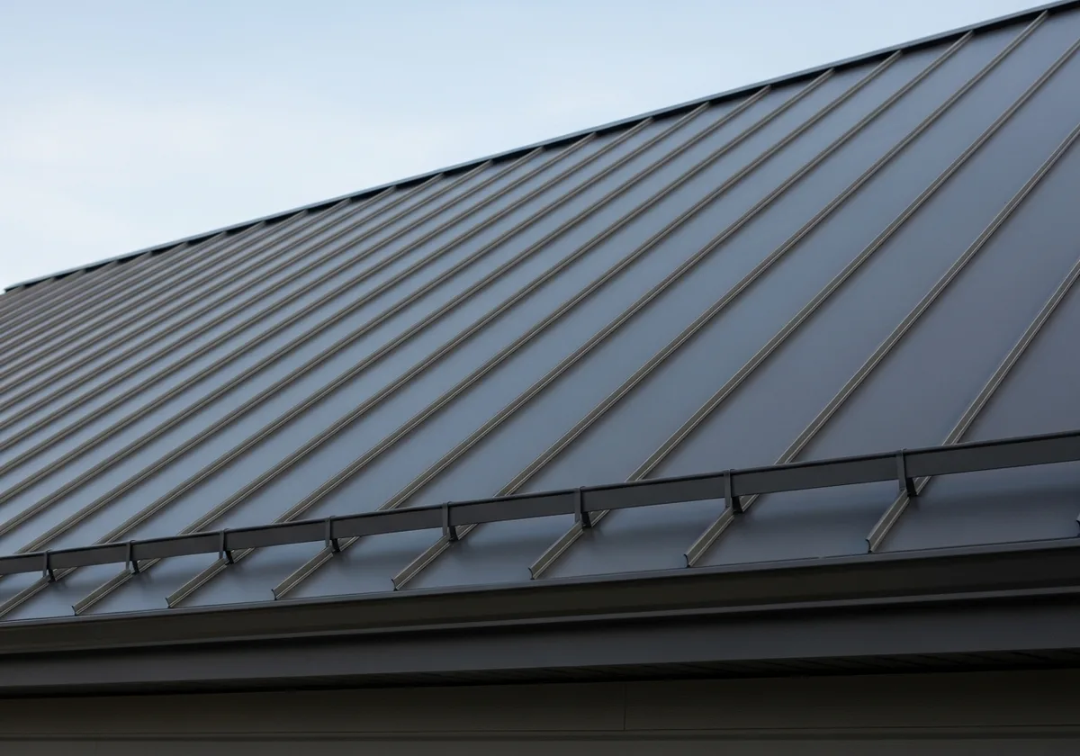 A dark grey standing seam metal roof photographed from below against a pale sky: narrow raised vertical seams run in unbroken parallel lines from the eave up to the ridge, the flat metal pans between them are completely smooth with no screws or fasteners anywhere on their surface, and no horizontal lap joints cross the panels. A dark snow-retention bar is clamped across the seams a short way above the gutter.