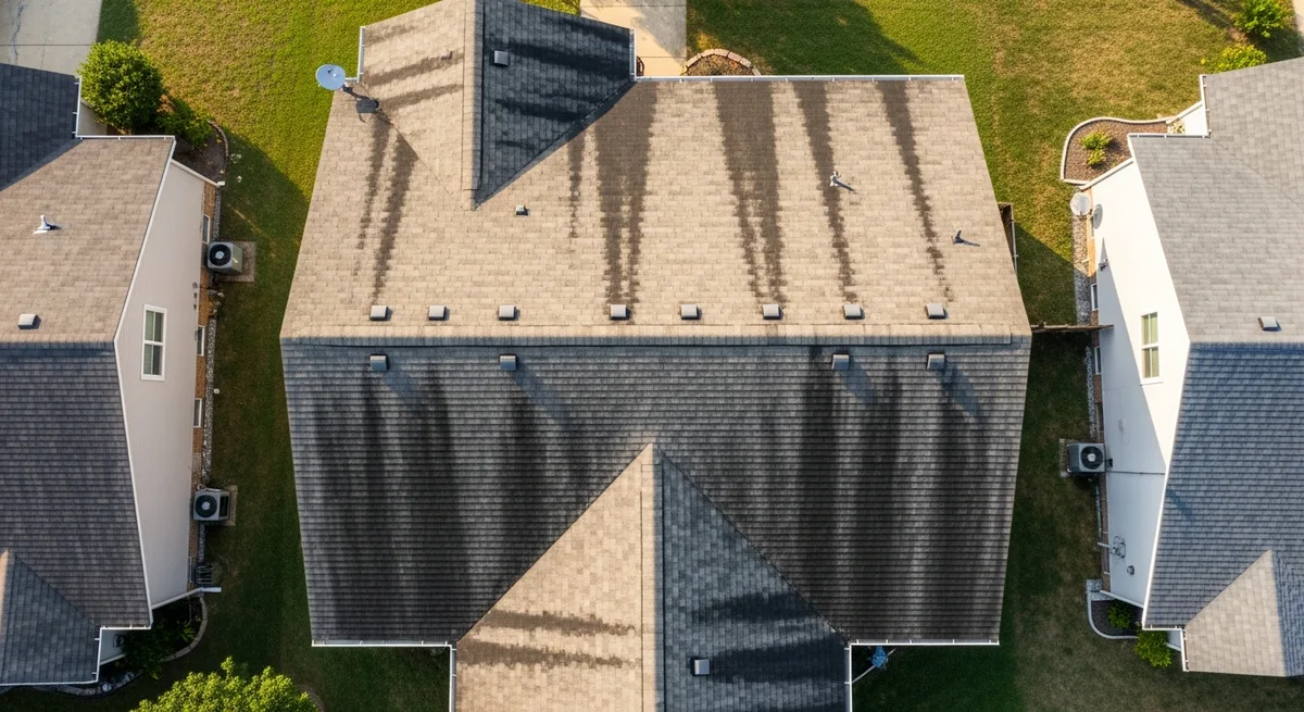 Overhead aerial view of a suburban house roof showing dark vertical streaks running down both main slopes and uneven colour across the shingles.