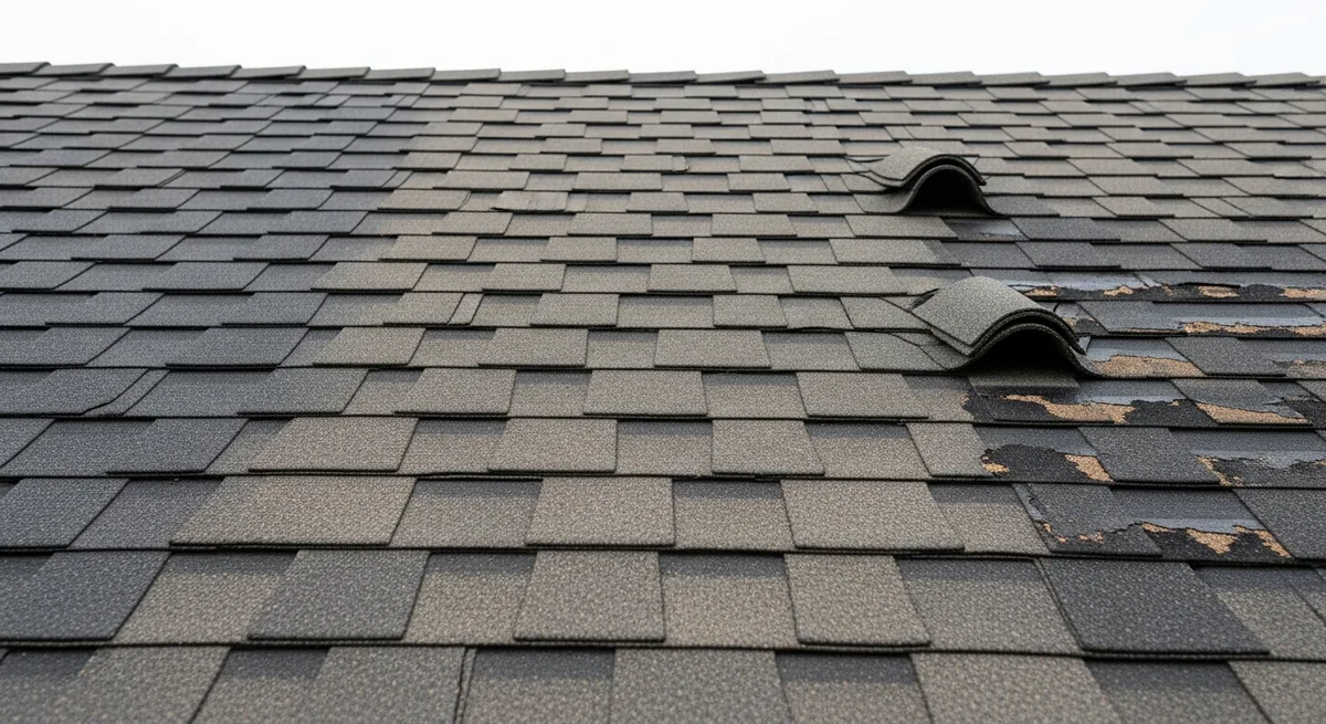 Asphalt roof with visible wear: several shingles have lifted and curled, and patches of granule loss expose the darker mat beneath.