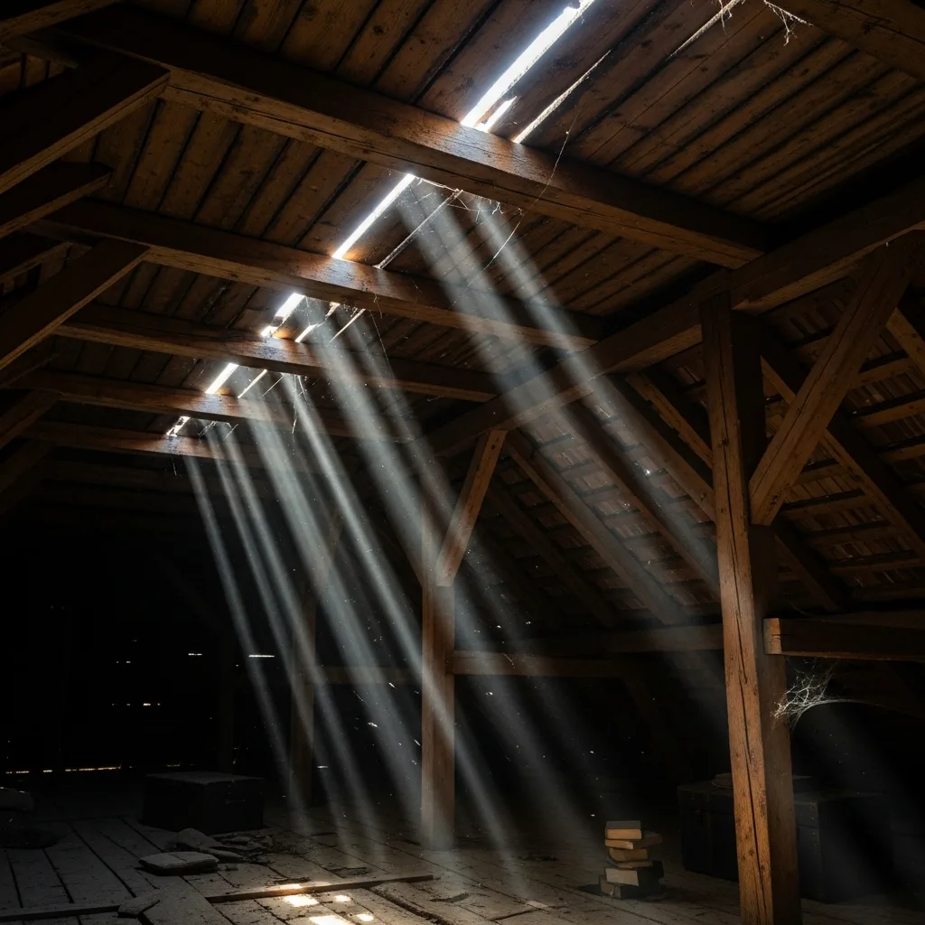 Interior attic view of exposed wood rafters and roof decking, with several thin shafts of sunlight streaming through gaps in the decking boards, dust visible in the light beams.